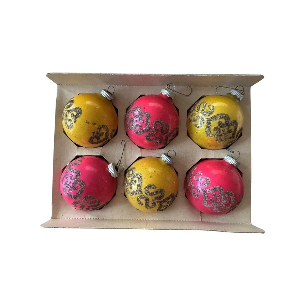 Shiny Brite Vintage Mercury Glass Stenciled Christmas Ornaments Set of 6 1960s - Picture 2 of 7
